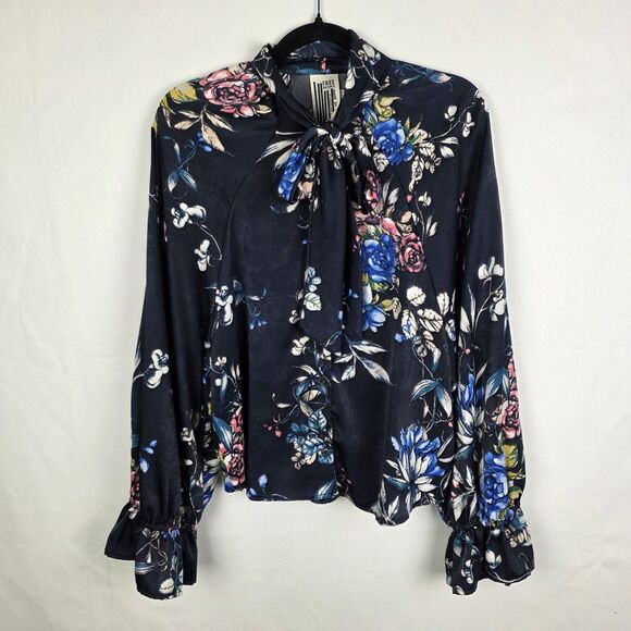Free People Small Blouse Navy Floral Tie Neck Ruffle Sleeve Boho Chic Top - Picture 1 of 6